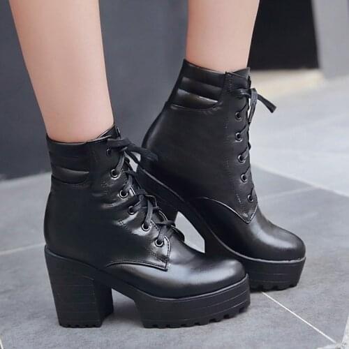 AIWEIYi Lace Up Martin Boots for Women Round toe Square Heel High Heels Platform Shoes Autumn Winter Motorcycle Boots Botas