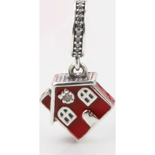 S925 Silver Christmas House Red Enamel Christmas House Pendant Fit Original Bracelet Necklace