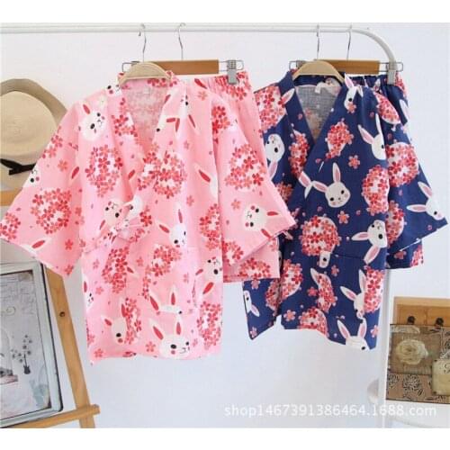 Kawaii sakura rabbit kimono women short pajamas sets Summer 100% cotton japanese yukata shorts bathrobes short sleeves homewear