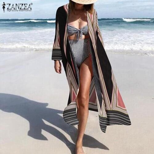 ZANZEA Women Vintage Floral Printed Long Sleeve Kimono Bohemian Summer Beach Cardigan Open Front Blouse Loose Holiday Long Tops