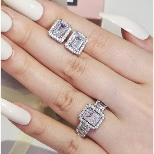 2pcs Pack 925 Sterling Silver Jewelry set halo Engagement ring round stud earring for Wedding gift J6303