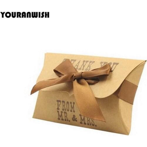 New Mr,Mrs Kraft Paper Favor Pillow Candy Box Gift Box With Ribbon Wedding Favor Box Party Candy Boxes 50pcs/lot Free shipping