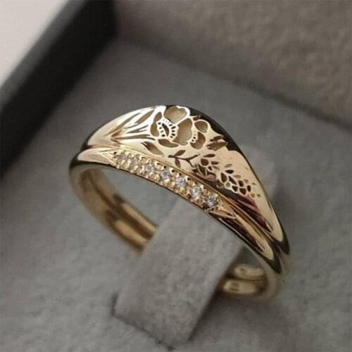 Fashion Lady Gold Plated Carved Rose Ring Anniversary Birthday Party Gift Bride Engagement Wedding Zircon Jewelry Size Us5-11