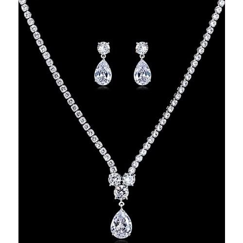 Trendy Full CZ Cubic Zirconia Wedding Bridal Necklace Earrings Set for Women Girl Prom Party Jewelry CN10131