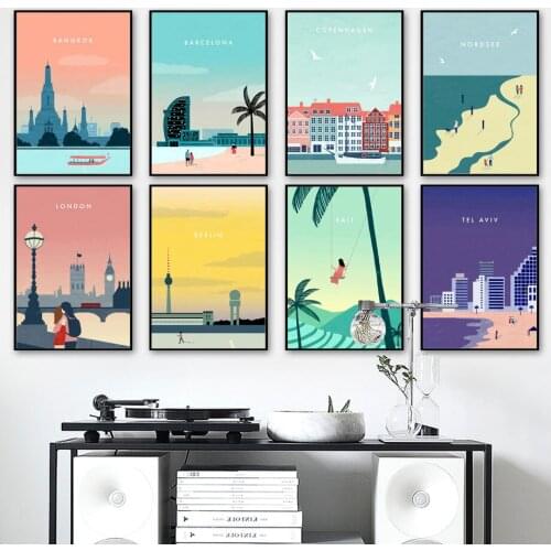 Cartoon Sea Beach Building Tree Nordic Posters And Prints Wall Art Canvas Painting Wall Pictures For Living Room Kids Room Decor