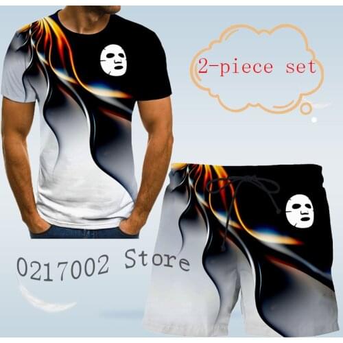 Mens mask design 3D T-shirt printing summer short sleeved shirt beach shorts, street leisure mens casual beach wear 2 piece