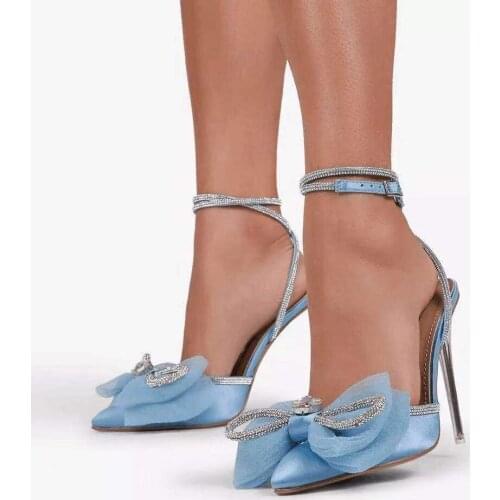 New Glitter Rhinestones Party Women Pumps Crystal Bowknot Satin Summer Lady Sandals Clear Stiletto High Heels Wedding Prom Shoes