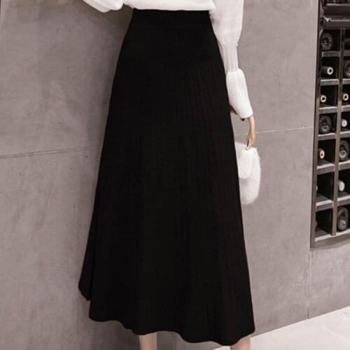 Autumn Winter Womens Mid-Length High-Waist Knitted Hip-Wrapped A-line Skirt Korean Fashion Clothing Faldas Largas Mujer A111