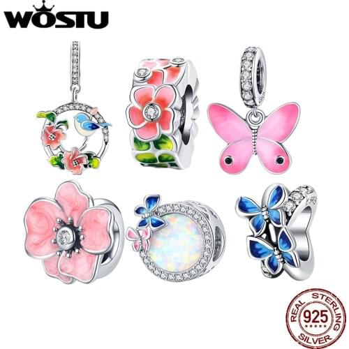 WOSTU Birds & Flower Charms Colorful Blooming Life Authentic 925 Sterling Silver Fit Bracelet Pendants DIY Original Fine Jewelry