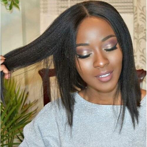 Yaki 180 % Density Short Cut Bob Kinky Straight Synthetic Front Lace Wig For Black Women Babyhair Preplucked Cosplay Daily Soft