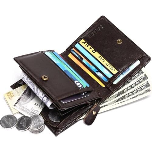 RFID anti-theft brush leather wallet mens short multi-function mens wallet top layer cowhide card holder Genuine Leather