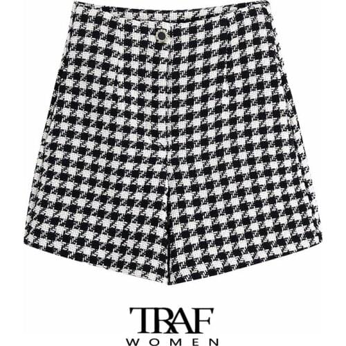 TRAF Za Women Fashion Houndstooth Tweed Bermuda Shorts Vintage High Waist Zipper Fly Female Short Pants Mujer