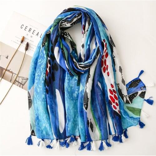 Women Scarf With Tassel Blue Fish Printed Long Ladies Neck Wraps Summer Beach Shawl 180x90cm