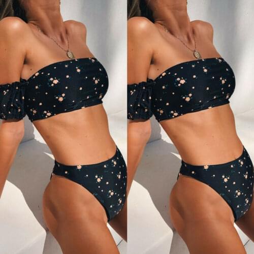 Women Off Shoulder Ruffle Bikini Set Padded Bra Swimsuit Swimwear Bathingsuit Printed Sleeve High Waist Bikini