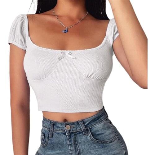 Lady Fashion Short Sleeve Square Collar Top Summer Casual Solid Color Slim Crop Tops Women Solid Color T-Shirts