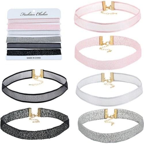 6 Pcs/pack Charm Pink Velvet Lace Daisy strip Multilayers pendant Choker Necklace woman Collar short Jewelry accessories Neck