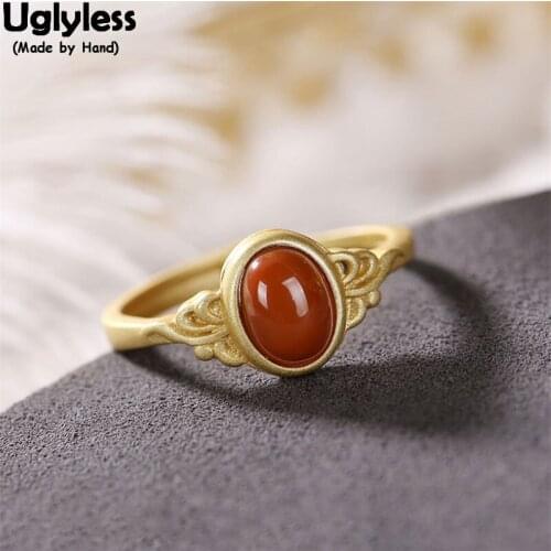 Uglyless Vintage Palace Designer Hollow Vines Rings for Women Natural Agate Oval Gemstones Open Rings Gold 925 Silver Jewelry