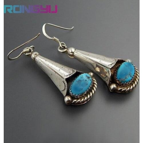 RONGYU Electroplated S925 retro Thai Silver Turquoise Earrings Fashion creativity Morning glory Long windbell Earrings for Women