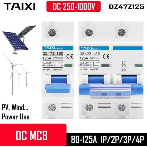 DC 1000V/500V 125A MCB Solar Energy PV Circuit Breaker 1P 2P 4 Poles 80 Amp 100A Current Main Witch Battery Protector DZ47Z-125