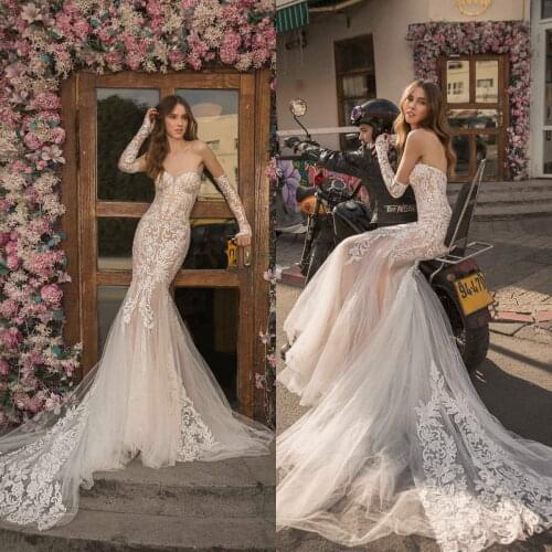 Elegant Mermaid Wedding Dresses for Women Lace Appliqued Sweetheart Beach Bridal Gowns Long Sleeve Robe De Mariée