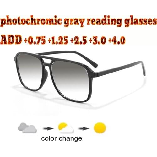 Photochromic Gray Reading Glasses Double Bridge Large Size High Quality Fashion Men Women+1.0 +1.5 +1.75 +2.0 +2.5 +3 +3.5 +4
