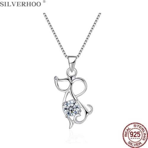 SILVERHOO 925 Sterling Silver Jewelry Cute Lucky Mouse Animal Pendant Necklace Charms Circle Cubic Zirconia Necklaces Women Gift