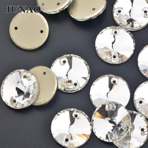 JUNAO 8 10 12 14 16 18 mm K9 Sewing Clear Rivoli Crystal Rhinestones Sew On Round Stone Flatback Glass Button for DIY Dress
