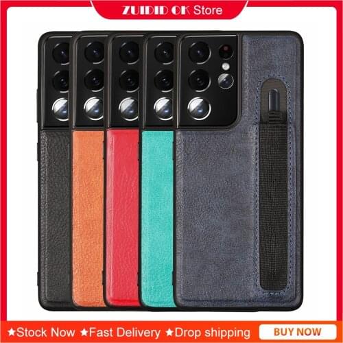 [Pen Bag] Leather Back Cover for Samsung Galaxy S21 Ultra Phone Case Half-wrapped Protection Case