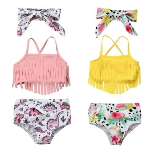 Girl Swimwear Infant Baby Girl Swimwear Suit Bird Dinosaur tassel Floral Top Pants Outfit Beach Tankini Set