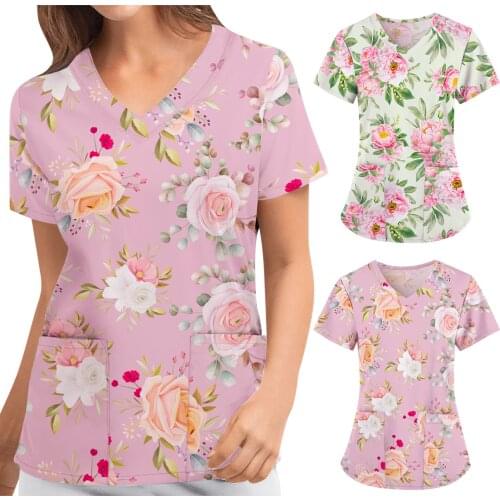 Summer Uniform Clinical 2021 Women Short Sleeve V-neck Floral Pattern Tops Nursing Working Uniform T-shirts Medical Scrubs