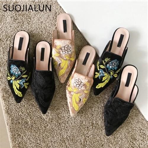 SUOJIALUN 2021 Spring Women Slipper Embroidery Flower Sandal Shoes Slip On Pointed Toe Mules Low Heel Casual Slides Big Size 41