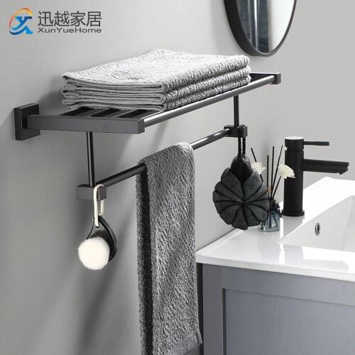 Towel Holder Punch-Free Shower Rack Bathroom Accessories Folding Wall Organizer Hook Hanger Matte Black Aluminum Storage Shelf
