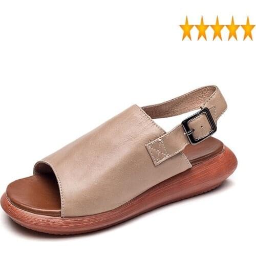 Open Summer Flats Women Casual Toe Buckle Strap Beach Vintage Genuine Leather Gladiator Shoes Leisure Platform Sandals