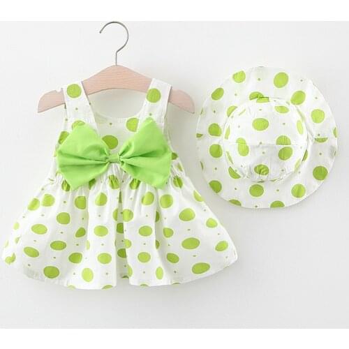 Baby Girls Dress 2020 Summer Hat 2 Piece Set Childrens Clothes Sleeveless Print Dot Baby Birthday Party Princess Dress