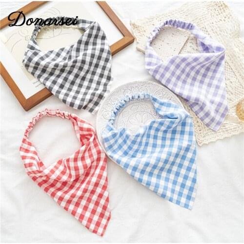 Donarsei Bohemia Plaid Triangle Headband For Women Spring Elastic Flower Hairbands Girls Turban Bandage Bandanas Headwear