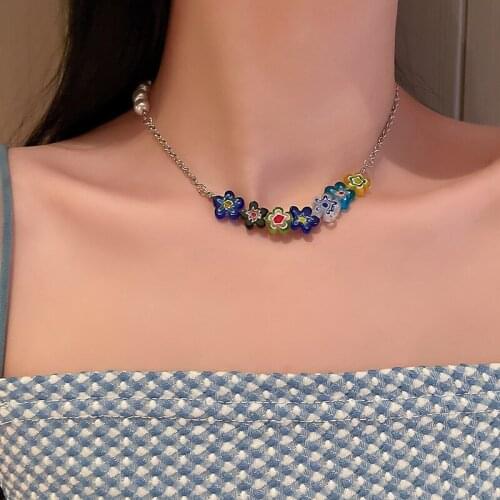 Origin Summer Fashion Irregular Multicolor Flower Pearl Chokers Necklace for Women Contrasted Asymmetry Chain Necklace Jewelry