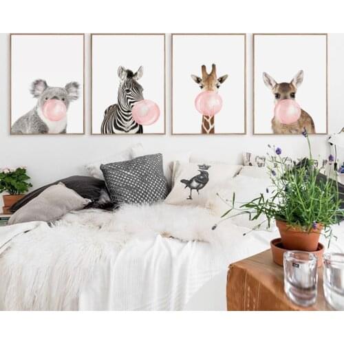 Bubble Chewing Gum Giraffe Zebra Animal Posters Canvas Art Painting Wall Art Nursery Decorative Picture Nordic Style Kids Deco