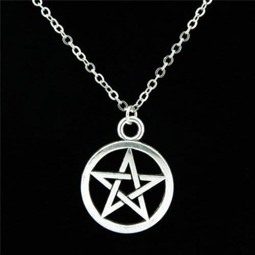 R1551 16-2 Silver 26mm Pentagram Witch Star Pendant Short Chain Collar Necklace 18"