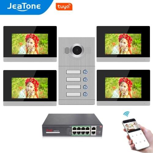 WIFI Video Intercom IP Door Phone Video Doorbell 7'' Touch Screen for 4 Separate Apartments/Can add Gas/Smoke/Water Alarm Sensor