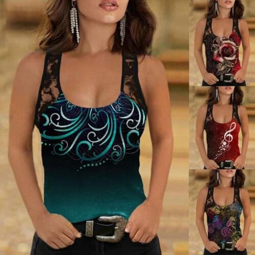 Tank Top Women Flower Print Sleeveless Shirts Summer Streetwear Casual Womens Blouses Lace V Neck Tanks Vest Tops Plus Size