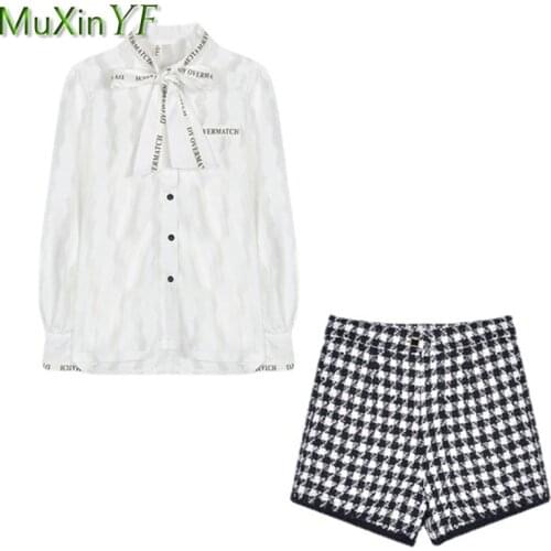 Womens 2021 Autumn New Bow-Knot Lace Blouse Two Piece Set OL Graceful Letter Shirts+Plaid Short Pants Suit Lady New Work Wear