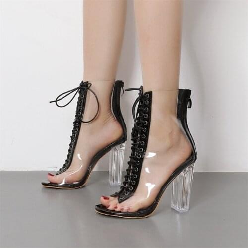 Women Summer Lace-up Crystal Thick High Heels Jelly Shoes Lady Fashion Sexy Peep Toe Ankle Boots Short Boots 20180904