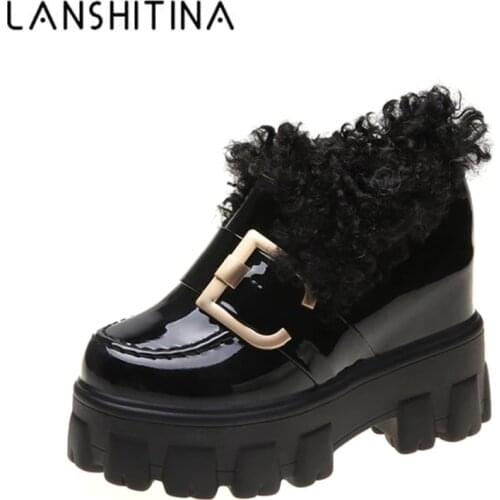 Women Winter Platform Sneakers 2020 Sponge Cake Thick Bottom Leather Shoes Plus Velvet British Shoes 10CM Heels Chunky Sneakers