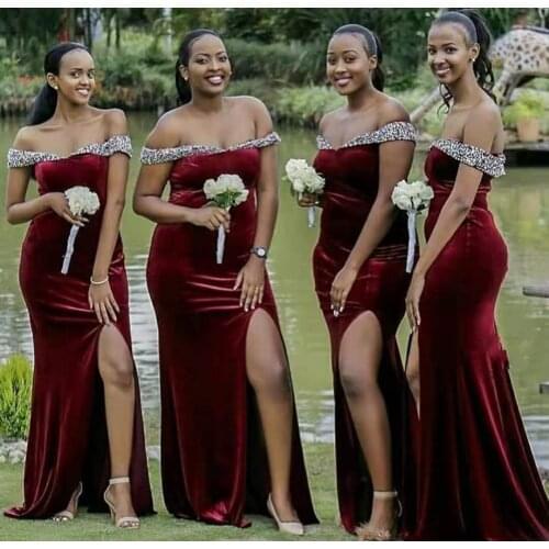Long Burgundy Side Slit Velvet Bridesmaid Dresses Floor Length Corset Back Beaded Brautkleider Robes de Soirée for Lady