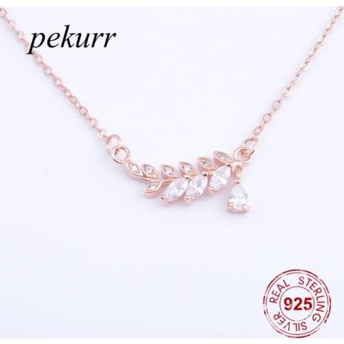 Pekurr 925 Sterling Silver Zircon Leaf Rose Gold Olive Branch Necklaces For Women Silver Chain Pendants Fashion Jewelry