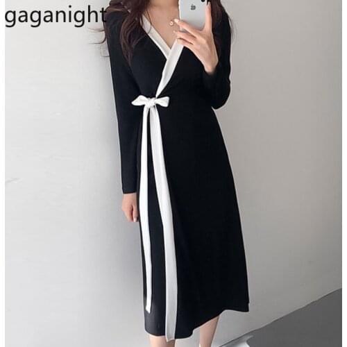Gaganight Elegant Women Bow Lace Up Maxi Dress Long Sleeves Spring Autumn Kroean Dresses Office Lady Chic New Bodycon Vestidos