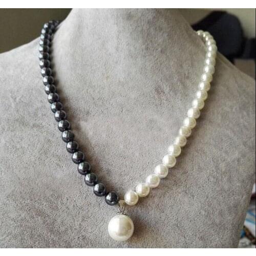 Woman jewelry necklace 8mm round bead Bright half White black Natural SOUTH SEA SHELL PEARL 12mm pendant NECKLACE 18'' 45cm