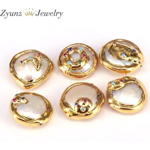 5PCS, Nature freshwater White Pearl connector pendant with gold electroplated edges,white Pearl Spacer Bead