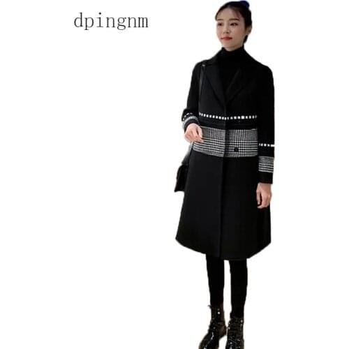 Black Plaid Trench Coat Women 2020 Spring Autumn New Casual Korean Fashion Lapel Wool Over The Knee Long Coat Z220