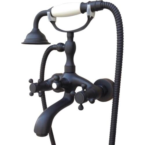 Black Oil Rubbed Brass Double Cross Handles Wall Mounted Claw Foot Bathroom Tub Faucet Mixer Tap With Handshower mtf562